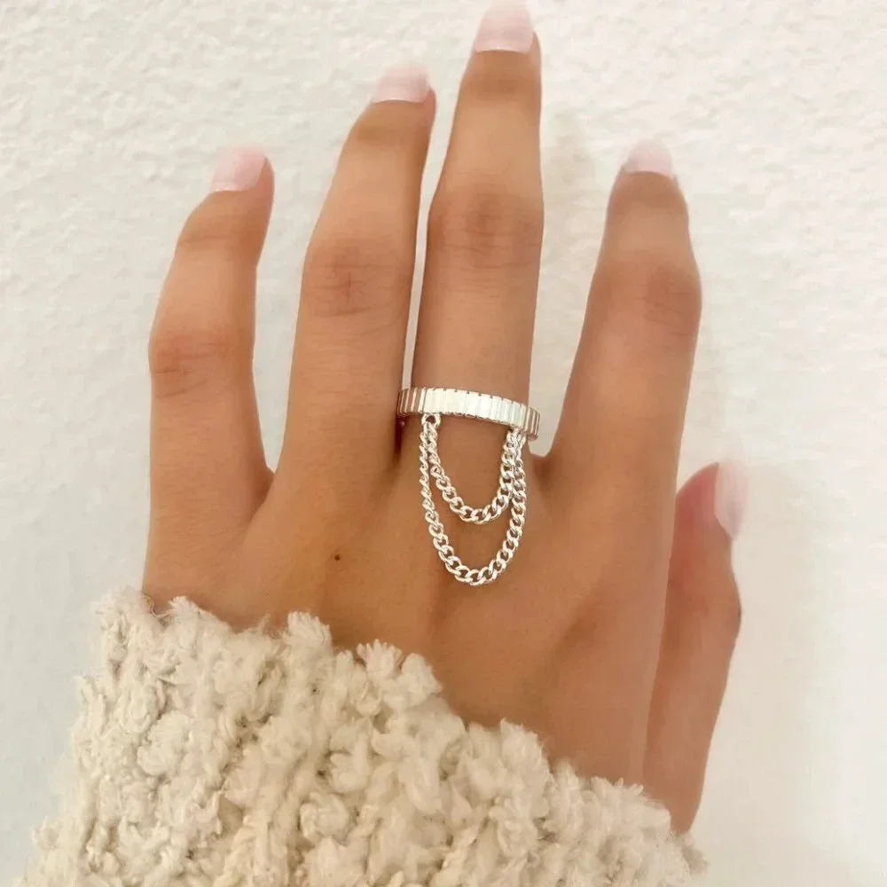 925 Sterling Silver Dangle Chain Drop Ring Minimalist Dainty Ring - Picture 2 of 7